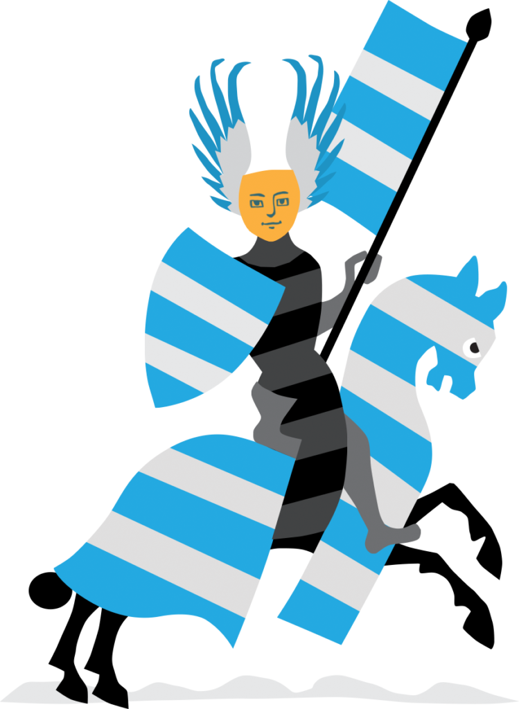 Charging knight with blue-white banners